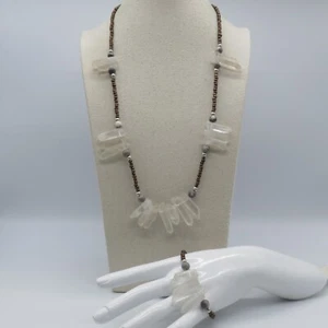 Bergkristall Perlen Halskette Armband Set Braun Rocailles Funky Boho 28" & 7,75" - Bild 1 von 14