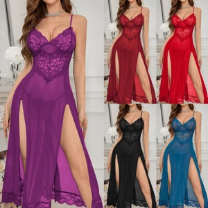 Women Lace Mesh Sheer Maxi Dress Lingerie Ladies Babydoll Sleepwear Nightwear - Picture 1 of 30