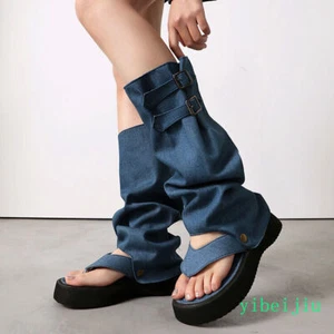 Women's Flip Flops Thongs Roman Gladiator Knee High Boots Slouch Sandals Shoes - Picture 1 of 19