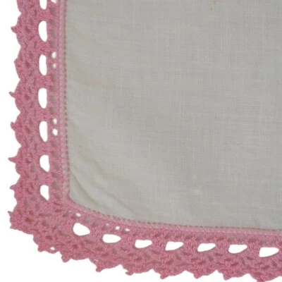 Pink Crocheted Edge Handkerchief Hankie Victorian Cottagecore Shabby Vintage  - Image 1 of 4