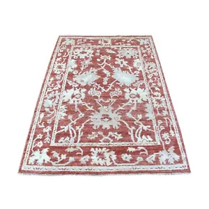 4'1"x6' Red Angora Oushak With Faded Out Colors Wool Hand Knotted Rug G67581 - Picture 1 of 6