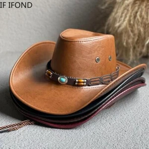 Faux Leather Cowboy Hats for Women Men Vintage Gentleman Dress Hats Panama Cowgi - Picture 1 of 28