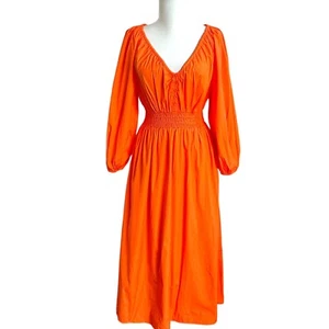 J Crew V neck Midi Poplin Dress Sz XS Sweet Tangerine Smocked Waist Cottagecore - Picture 1 of 18