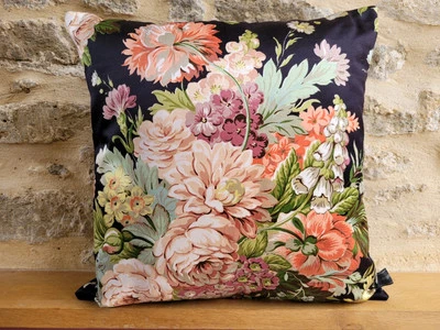 Sanderson Breda Vintage Floral Rose Sateen Fabric & Black Velvet Cushion Cover - Image 1 of 4