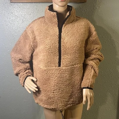 Pullover Sherpa Sin Límites Imitación Tostado L Dip con Borde Negro Manga Larga Cálido Acogedor Foto 1 de 4