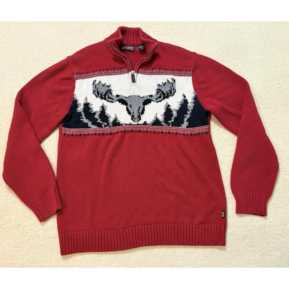 Suéter Chaps Para Hombres M Rojo 1/4 Cremallera Alce Pullover Nórdico Invierno Vacaciones Esquí Foto 1 de 4