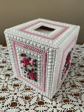 Handmade Needlepoint Plastic Canvas Tissue Box Cover - Pink Flowers