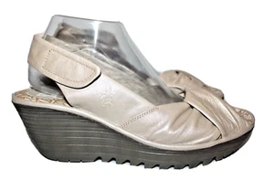 Fly London EU 40 US 9 9.5 Champagne Beige Yakin Leather Wedge Slingback Sandals - Picture 1 of 17