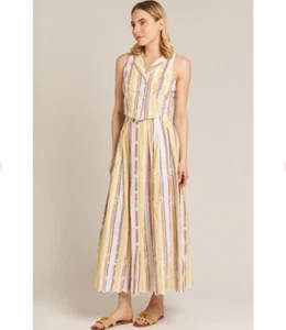 Stripe Yellow Spring Summer Button Down Vest and Maxi Skirt Coord Set Two Piece - Picture 1 of 8