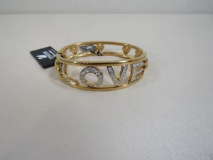 New w/Tags Swarovski Goldtone and Crystal "LOVE" w/Hearts Hinged Cuff Bracelet - Picture 1 of 8