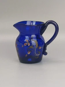 Small Jug Cobalt Blue Bristol Glass, Scroll Kick Handle Enamelled Flower c.1780 - Picture 1 of 11