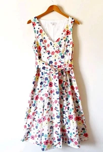 Laura Ashley White Multi Floral Fit Flare A-Line Belted Dress 12 Summer🌷 - Picture 1 of 6