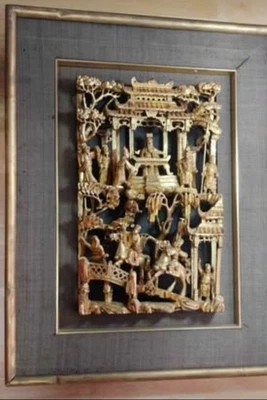 Hermoso panel de madera grande antiguo chino tallado a mano y dorado para campo de batalla OBO Foto 1 de 4