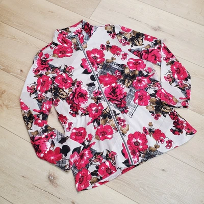 Onque Casuals Womens Sweater Size XL Cardigan Zip Front Flowers Red Tan Print Foto 1 de 4