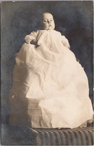 1910s Studio RPPC Photo Postcard HIDDEN MOTHER / Baby in White Christening Gown - Picture 1 of 2