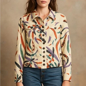 Chico’s Abstract Print Button Front Jacket Linen Cotton Blend Size 2 (L/12) - Picture 1 of 8