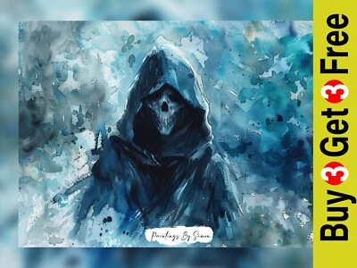 Pintura Acuarela Oscura Parca, Impresión Acuarela 5"x7" sobre Papel Foto 1 de 4