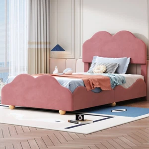 Twin Size Upholstered Platform Cloud Shaped Kids Girls Bed Frame Board Dark Pink - Picture 1 of 13