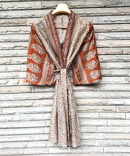 Midi Kimono Pure Silk Robe Knee Length Gown Silk Kimonos Robes Beige MKMO1443