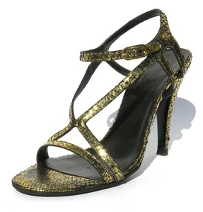CHANEL Metallic Gold Python Snakeskin Leather CC Logo Strappy Sandals Pumps 39 - Picture 1 of 12
