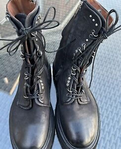 A.S. 98 Hubie Black Leather Stud Ring Combat Lug Sole Boots Size 40/9