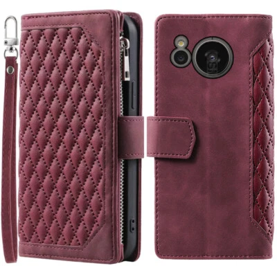 Funda tipo billetera romboidal para Sharp Aquos Sense7, funda de cuero con cremallera para teléfono con tarjeta abatible Foto 1 de 4