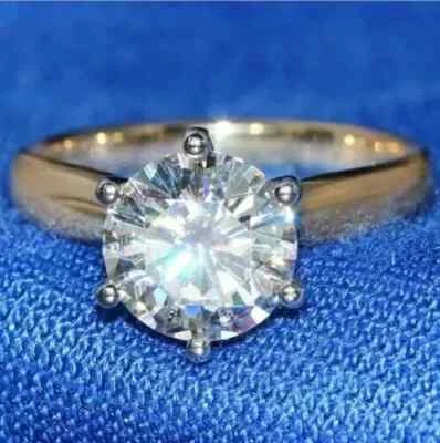 2Ct Round Cut Real Moissanite Solitaire Engagement Ring 14K Yellow Gold Plated - Image 1 of 4
