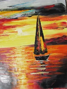 boats large oil painting canvas contemporary seascape sailing ocean sun set - Picture 1 of 1