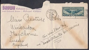 1939 USA Cover DROWN Lab Hollywood to Sussex England Air Mail 30c Postage LA PMK - Picture 1 of 1