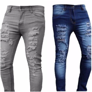 Herrenjeans gerissen dünn schmale Passform blau grau hellblau Stretch Denim Biker Jungen - Bild 1 von 6