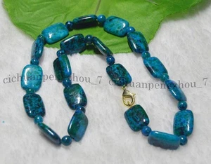 Azurite Chrysocolla Gemstones 10x14mm Flat Rectangle 6mm Round Beads Necklace - Picture 1 of 20