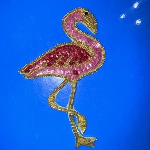 PINK FLAMINGO Pailletten Patch Mehrfarbig Gold Vintage Groß 5" Hoch - Bild 1 von 4