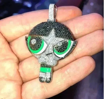 Colgante de dibujos animados de ónix creado en laboratorio de corte redondo de 4,00 quilates para hombre acabado en oro blanco de 14 quilates Foto 1 de 4