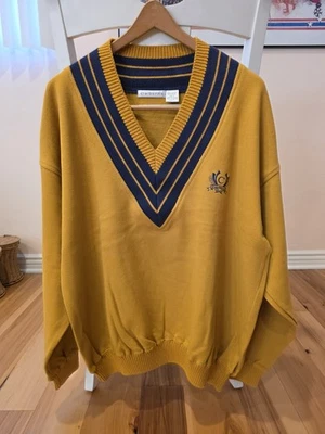 Suéter Clairborne Cuello en V Vintage Preppy Diseño Dorado/Azul Para Hombre Talla Grande Foto 1 de 4