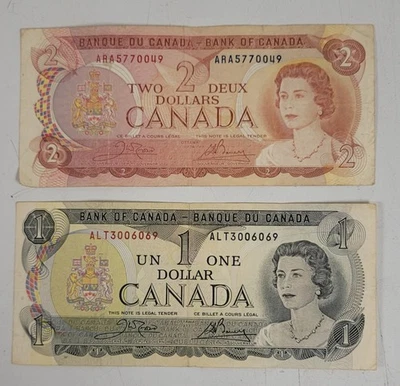 Bank Of Canada 1974 Two Dollar And 1973 One Dollar Bills. Lot Of 2 - Image 1 of 2
