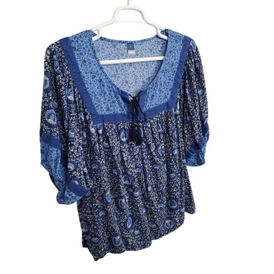Blusa Old Navy 3X Boho Patchwork Estampa Floral Camponesa Gravata Frontal Leve Top - Imagem 1 de 4