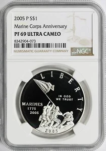 2005-P Proof $1 Marine Corps Commemorative Silver Dollar NGC PF69UCAM - Picture 1 of 4