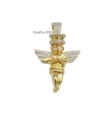 Pingente de anjo de diamante real amuleto de ouro amarelo 10k diamante 0,20 CT 1,2"  - Imagem 1 de 4