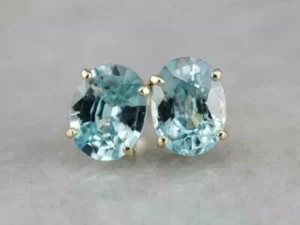 2.00Ct Oval Lab Created Aquamarine Solitaire Stud Earring 14K Yellow Gold Plated - Picture 1 of 6