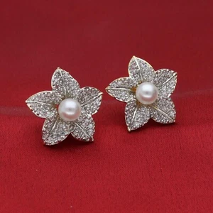 Aretes de perlas de circonita cúbica florales exquisitos de diamantes de regalo - Imagen 1 de 6