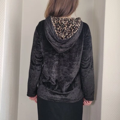 Sudadera con Capucha Vintage Terciopelo Negro Para Mujer L Estampado Leopardo Forrada Capucha Terciopelo Suave Retro - Imagen 1 de 4