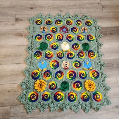 Manta bebé vintage crochet verde cuna animales afganos octágono hecha a mano 40"x30" Foto 1 de 4