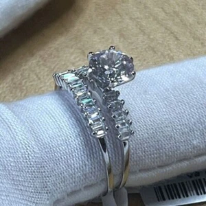 TG 925 Sterling Silver Cubic Zirconia Double Ring Women's Size 8 Rhodium Finish - Picture 1 of 16