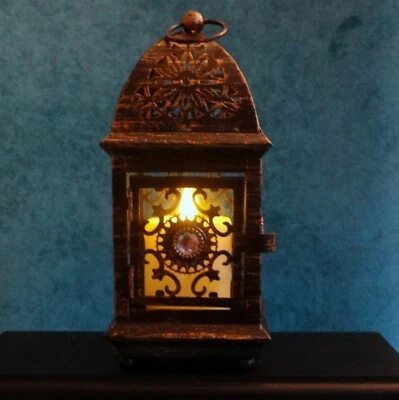 'Vintage Pier 1' 9"ht Decorativo Bronce Linterna Paneles Vidrio Piedras de Cristal Foto 1 de 4