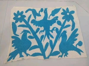 Otomi Hand Embroidered Placement Teal Yarn Bird Trio on Cream Backing 15"x13" - Picture 1 of 6