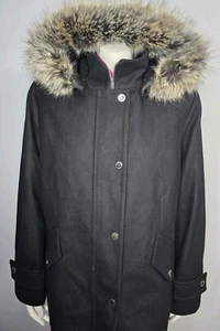Abrigo chaqueta London Fog para mujer negro mezcla de lana cremallera con capucha ribete de piel sintética XL - Imagen 1 de 9