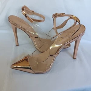 Liliana Stiletto Heels 8 Metallic Gold & Clear PVC Strappy Ankle Pointed Toe - Bild 1 von 5