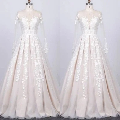 Long Sleeves Wedding Dresses Elegant Lace Tulle Scoop Neck Bridal Gowns - Image 1 of 4