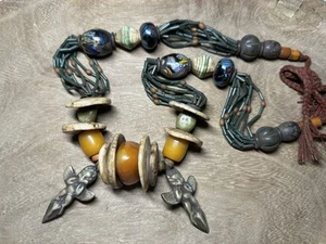 Handmade Nepal Tribal Necklace with Amber Resin, Bone Discs & Brass Amulets - Picture 1 of 9