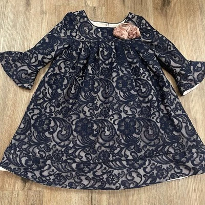 Vestido Laura Ashley Niñas Talla 6 Azul Marino Encaje Floral Mangas Trompeta Chica Formal Foto 1 de 4